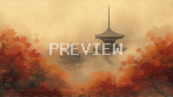 Elegant Pagoda At Dawn With Autumn Foliage (Preview)