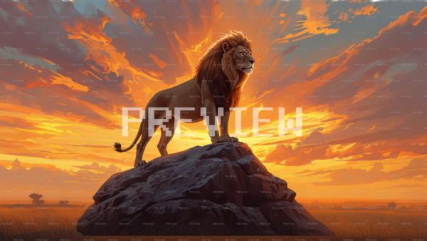 Lion On Rugged Rock At Sunset (Preview)