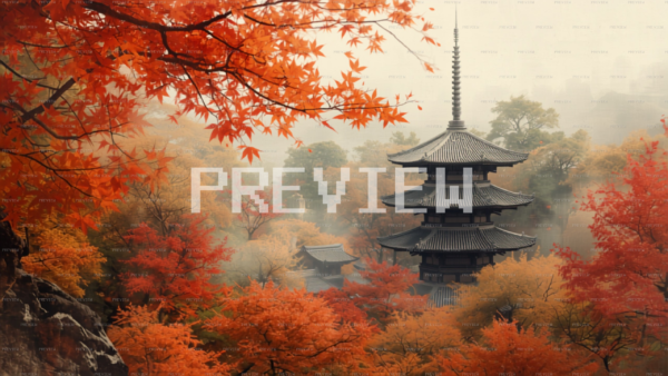 Traditional Japanese Pagoda In Autumn Mist (Preview)