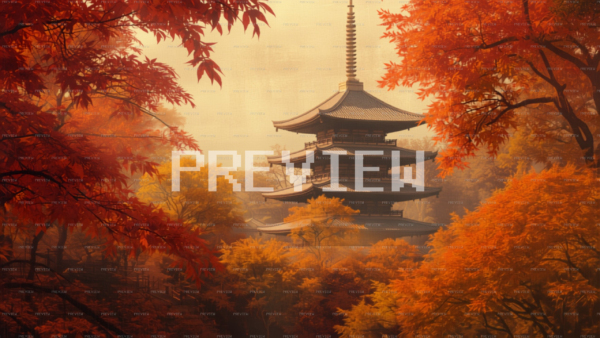 Tranquil Pagoda Surrounded By Autumn Forest (Preview)